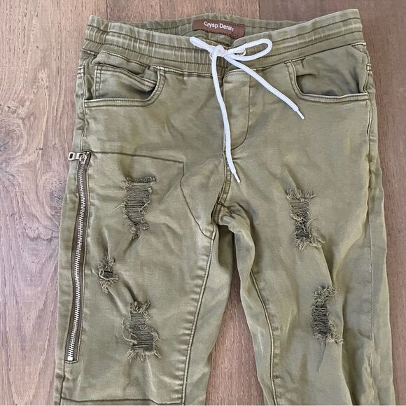 Crysp Denim Cargo Pants Distressed Rips Skinny fit Men's Jean Olive (Waist 31) - Picture 4 of 11